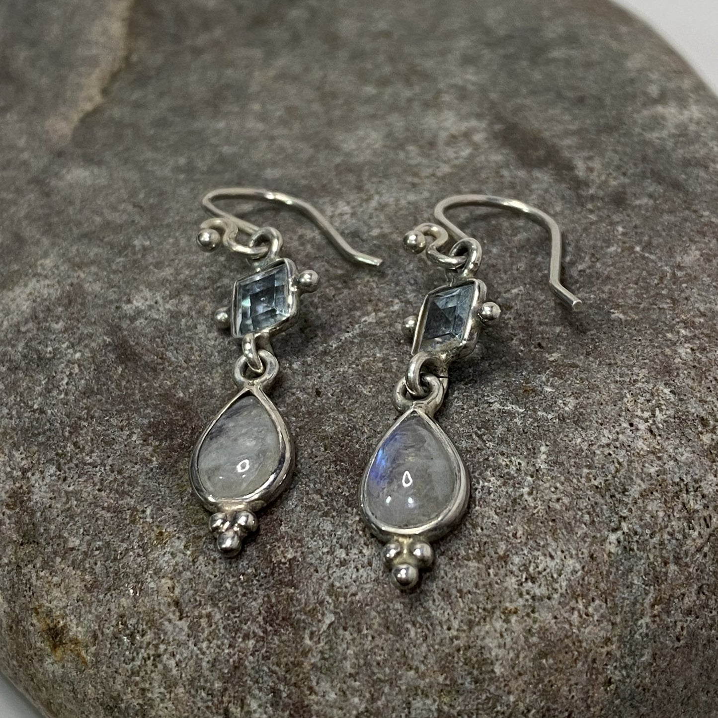 Sterling Silver .925 Moonstone and Blue Topaz Dangle Earrings