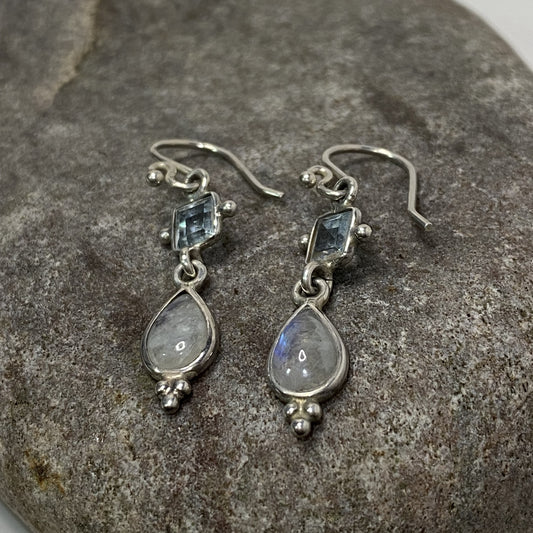 Sterling Silver .925 Moonstone and Blue Topaz Dangle Earrings