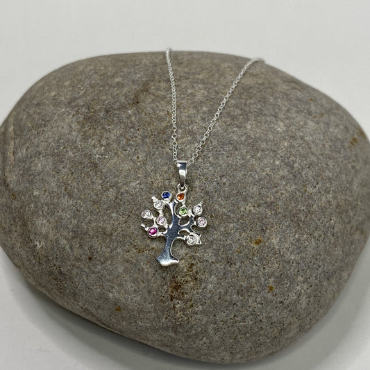 Sterling Silver .925 Multi-Colour CZ Tree Necklace