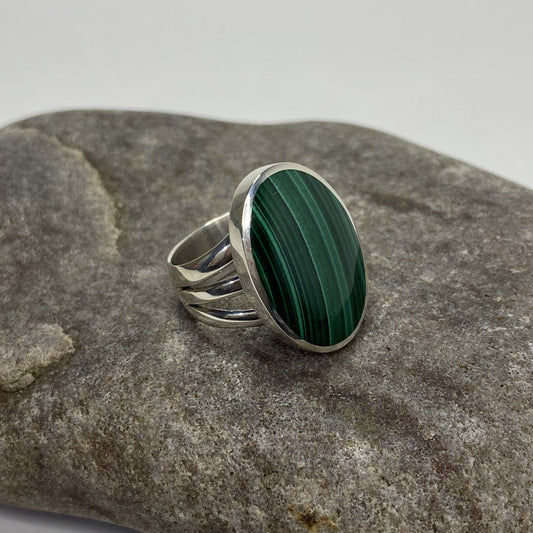 Sterling Silver .925 Oval Malachite Gemstone Ring