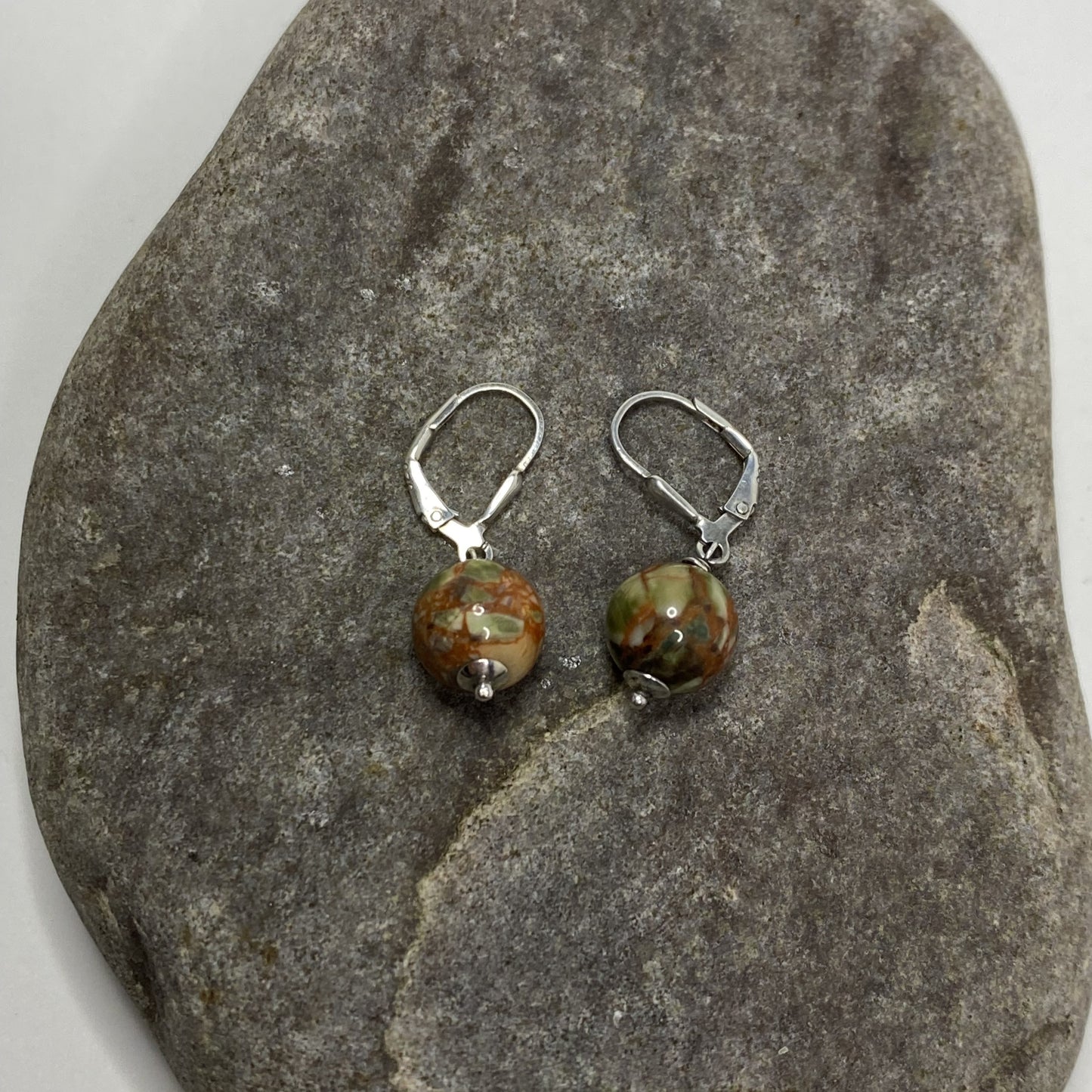 Sterling Silver .925 Unakite Stone Dangle Earrings